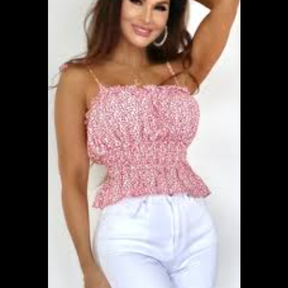 She and sky red and white floral cropped peplum top